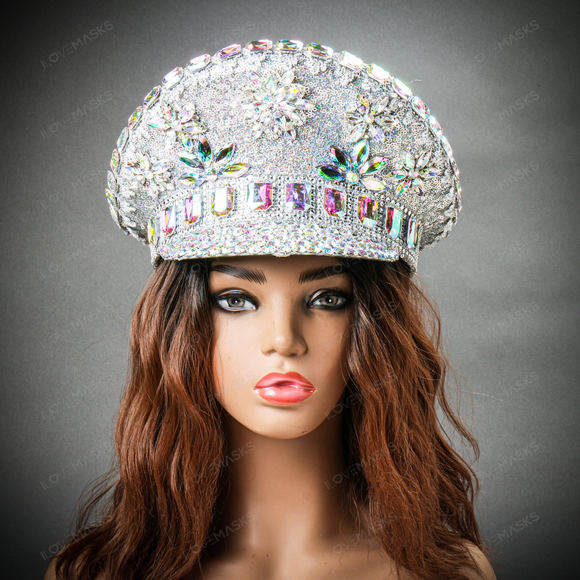 Steampunk Burning Man Rhinestones Captain Hat - Silver - Picture 2 of 8